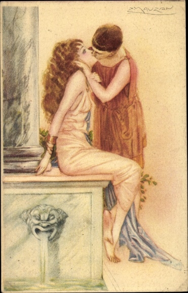 Artist Postcard Mauzan, man kisses woman at the fountain