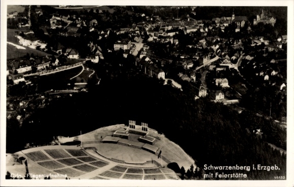 Postcard Schwarzenberg in the Ore Mountains Saxony, aerial photograph, celebration site