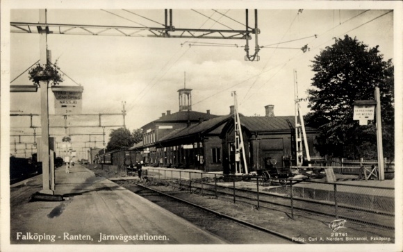 Postcard Ranten Falköping Sweden, train station, track view