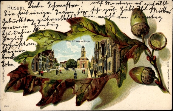 Eichenblatt Chromo-Litho Husum in North Friesland, Great Street and Church