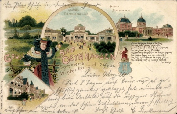 Litho Bad Oeynhausen in Westfalen, Thermalbadehaus, Sollbadehaus, Frau in Tracht