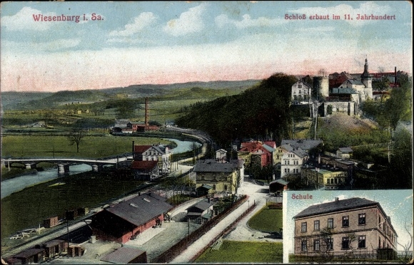Ak Wiesenburg Wildenfels in het Ertsgebergte, kasteel gebouwd in de 11e eeuw, totaalbeeld, school