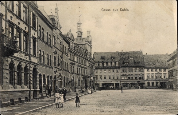 Postcard Kahla im Saale Holzland district of Thuringia, market square, Gasthof zum Löwen, Hotel Deutsches Haus