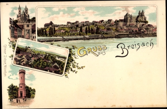 Chromo-Litho Breisach on the Upper Rhine district of Breisgau, Upper Black Forest, Tulla Tower, river section, city views