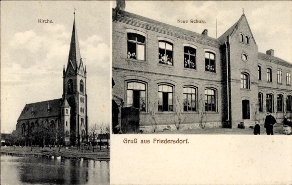 Postcard Friedersdorf an der Mulde Saxony-Anhalt, Church, New School