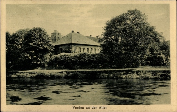 Postcard Verden an der Aller, historical building, river bank, trees, old
