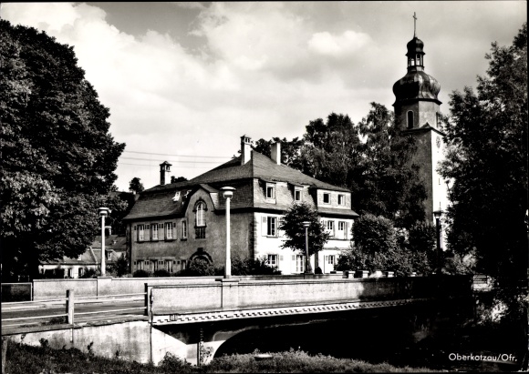 Postcard Oberkotzau on the Saale, bridge, church tower