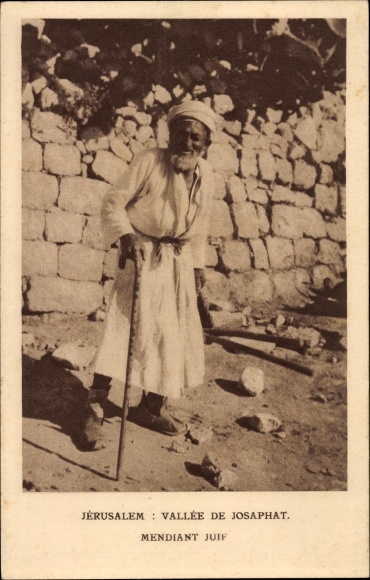 Judaica Postcard Jerusalem Israel, Jehoshaphat, Valley of Jehoshaphat, Kidron Valley, Mendiant Juif