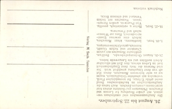 Postcard Zodiac sign Virgo, 24 August to 22 September