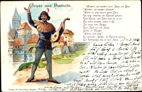 Litho Hamelen in Nedersaksen, Rattenvanger met luit, brug, kerk
