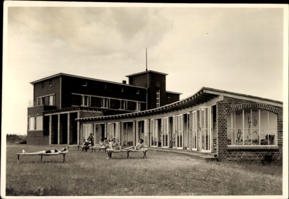 Postcard Nordseebad Cuxhaven, home for the severely disabled, modern building, large windows, outdoor loungers