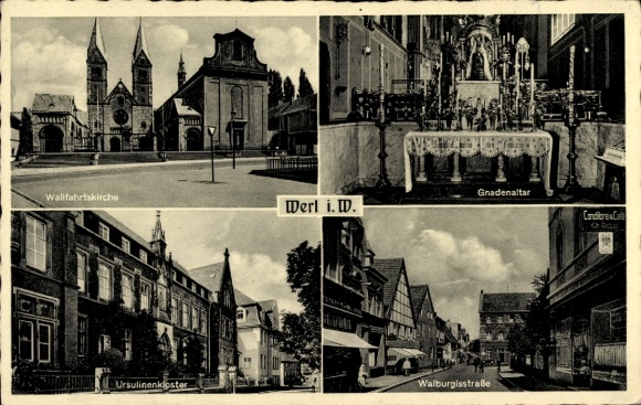 Ak Werl in Westfalen, bedevaartskerk, genadealtaar, Ursulinenklooster, straat