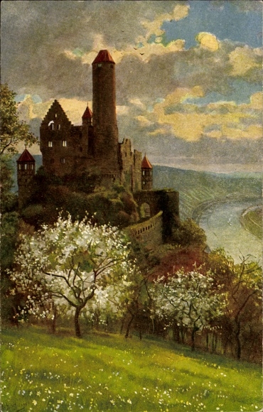 Postcard Neckarzimmern in the Neckar Valley, Hornberg Castle, medieval castle, green meadows, blooming trees...
