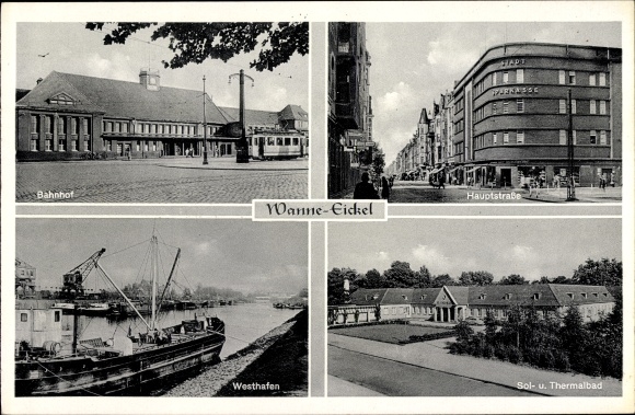 Postcard Wanne Eickel Herne in the Ruhr area, main street, west port, train station, thermal baths
