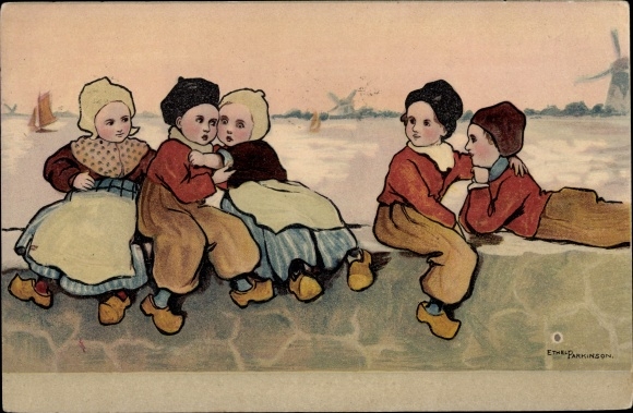 Künstler Ak Parkinson, Ethel, Niederlande, Kinder in Trachten, Windmühlen