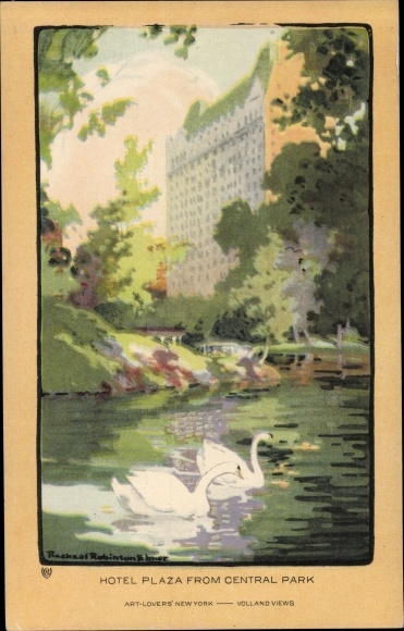 Artist PC Elmer, RR, New York City USA, Hotel Plaza from Central Park, swans