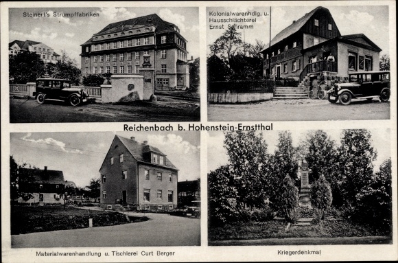 PC Reichenbach Callenberg Saxony, Steinert's stocking factories, colonial goods Ernst Schramm, monument