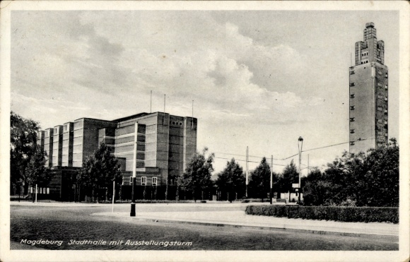 Ak Magdeburg an der Elbe, Stadthalle, Ausstellungsturm