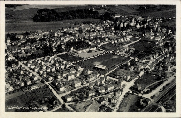 Postcard Aulendorf in Württemberg, aerial view of residential buildings, fields, streets