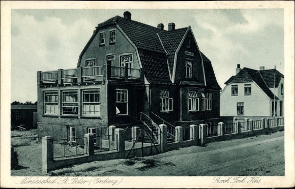 Ak Sankt Peter Ording in Nordfriesland, Gorch Fock Hus, Außenansicht von der Straße
