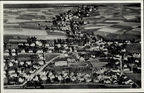 Postcard Lauter Bernsbach in the Ore Mountains Saxony, aerial photograph, city view, fields, houses, forests