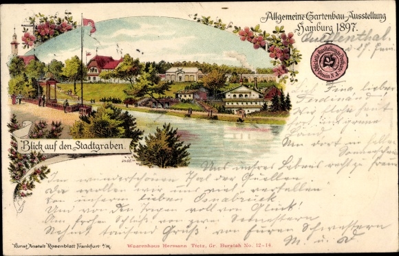 Litho Hamburg, Allgemeine Gartenbau Ausstellung 1897, Blick auf den Stadtgraben