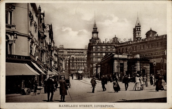 Postcard Liverpool Merseyside England, Ranelagh Street, Central Station, people, architecture