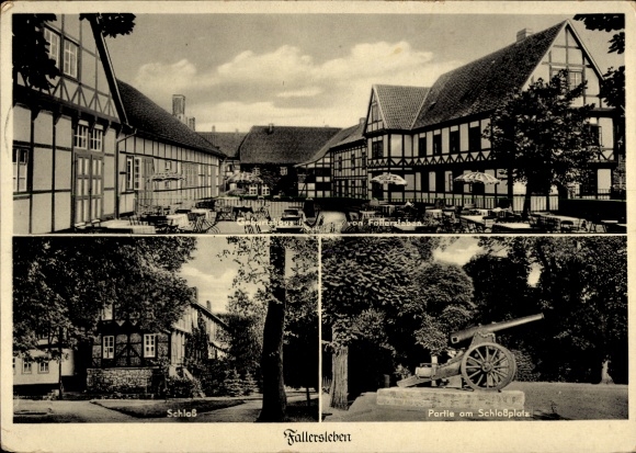 Postcard Fallersleben Wolfsburg, castle, castle square, restaurant, birthplace of Hoffmann von Fallersleben