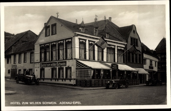 Postcard Adenau in the Eifel, hotel to the wild pig, automobiles