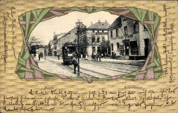 Präge Passepartout Ak Hagen in Westfalen, Kölnerstraße, Geschäfte, Straßenbahn