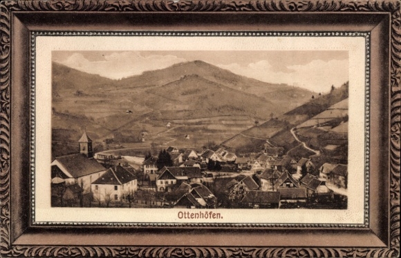 Ak Ottenhöfen in het Zwarte Woud, landschapsgedeelte, bergen, huizengroep, kerk, sepia kleurtoon