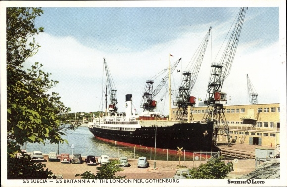 Postcard London City, Steamer SS Suecia, SS Britannia at the London Pier, Swedish Lloyd