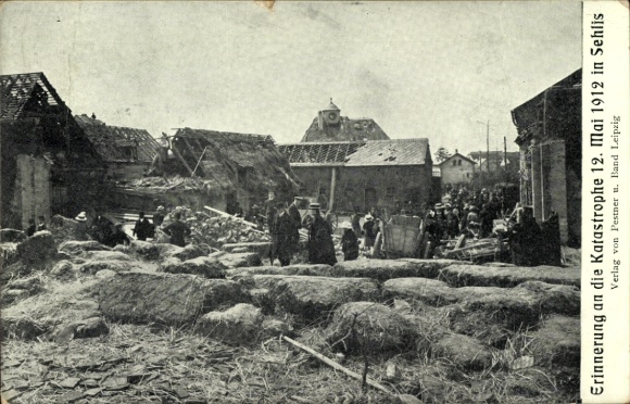 Ak Sehlis Taucha in Nordsachsen, zerstörte Ortspartie v. d. Katastrophe 12. Mai 1912
