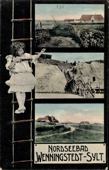 Postcard Wenningstedt on Sylt, general view, girl, rope ladder