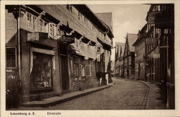 Postcard Lauenburg an der Elbe, Elbstraße, shops, drugstore