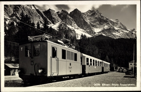 Postcard Grainau in the Garmisch Partenkirchen district, Eibsee, Bayer train station. Zugspitze Railway