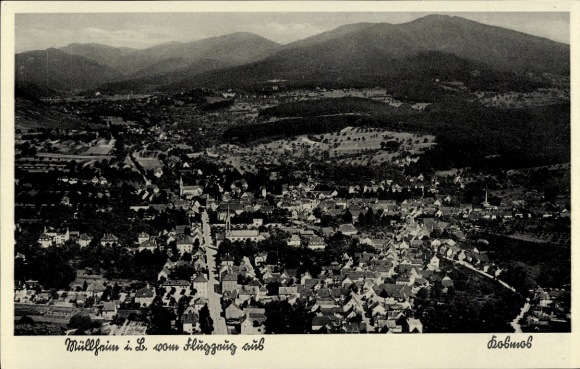 Postcard Müllheim in Baden Markgräflerland, aerial view of mountains in the background, black and white photo