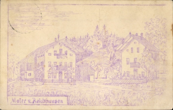 Künstler Ak Bergen im Chiemgau Oberbayern, Häuserfront, Maler v. Reichhausen