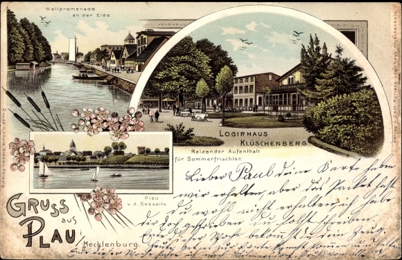 Chromo-Litho Plau am See Mecklenburg, Logierhaus Klüschenberg, Wallpromenade an der Eide