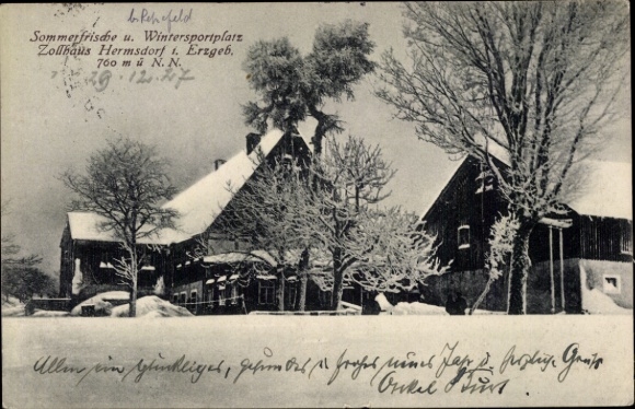 Postcard Hermsdorf in the Ore Mountains, customs house, winter