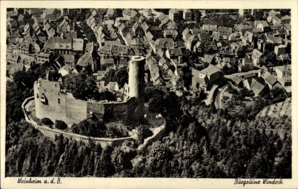 Postcard Weinheim an der Bergstraße Baden, aerial view of a castle, Weinheim, view of houses, landscape
