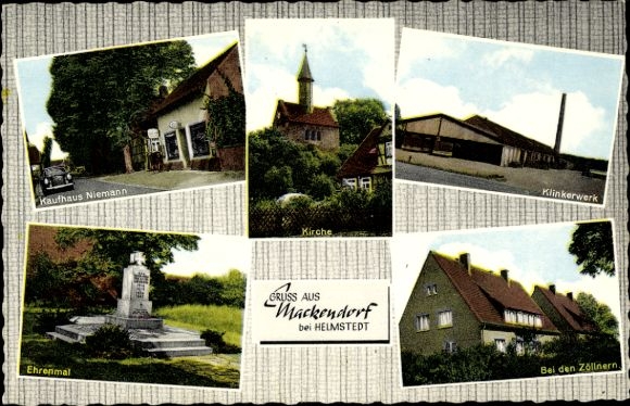 Postcard Mackendorf Bahrdorf in Lower Saxony, Niemann department store, memorial, church, clinker factory, near ...
