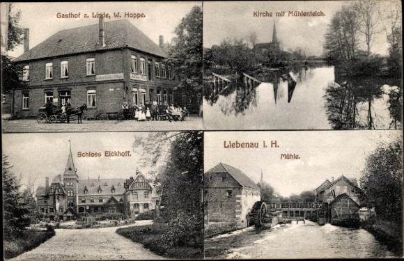 Postcard Liebenau an der Weser, Gasthof zur Linde, church, mill pond, Eickhoff Castle, mill