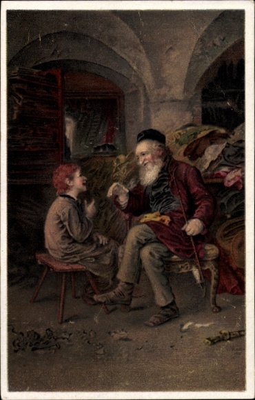 Judaica artist Postcard Knauss, Solomonic wisdom, old man with staff pipe and boy