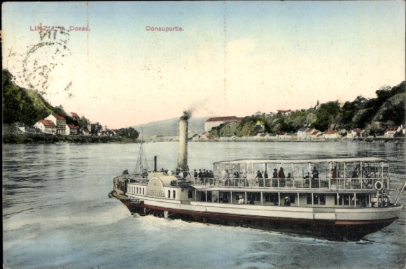 Ak Linz an der Donau Oberösterreich, Teilansicht, Dampfer