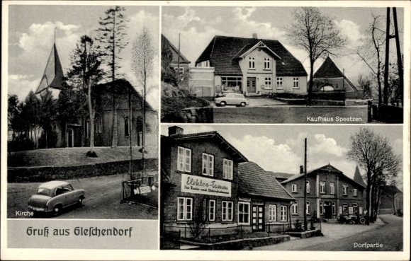 Ak Gleschendorf Scharbeutz in Ostholstein, Kirche, Kaufhaus Spreetzen, Geschäft