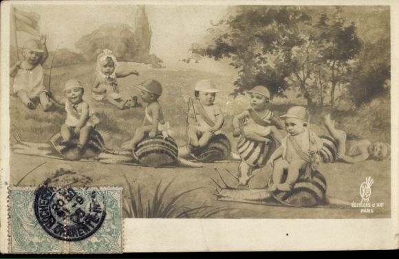 Postcard babies riding on snails, group picture, birth