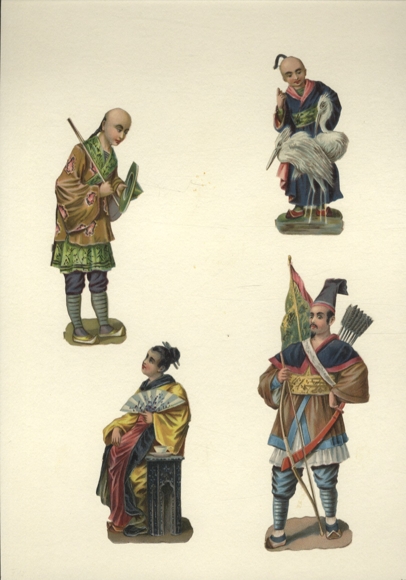 4 wafers Chinese man and Chinese woman, Chinese warrior, size approx. 12 x 5 cm, 9 x 4.5 cm, 15 x 6 cm