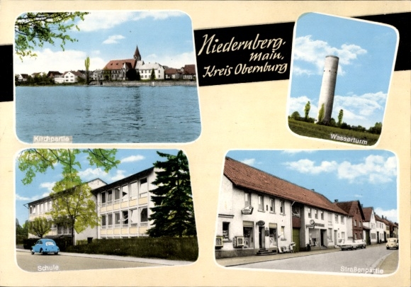 Ak Niedernberg am Main Neder-Franken, kerk, watertoren, school, straat
