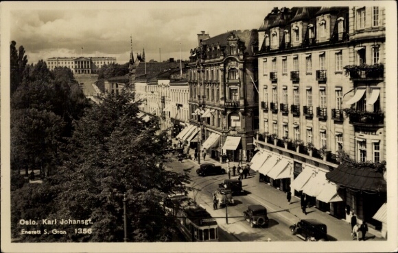 Postcard Oslo Norway, Karl Johangt., tram